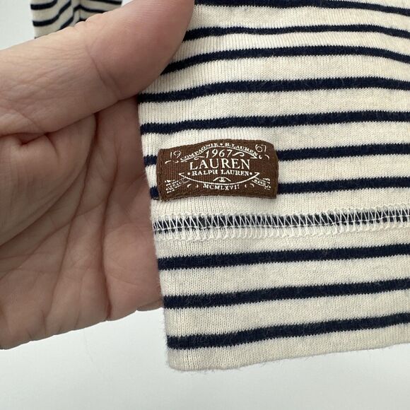 Lauren Ralph Lauren Shirt Womens Medium Cream Blue Stripe Faux Suede Detail - Picture 6 of 8